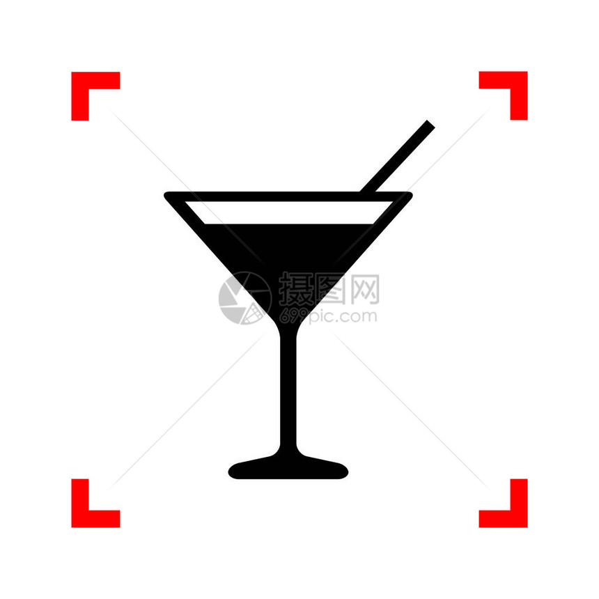 鸡尾酒标志插图白色背景的焦点角中的黑色图标图片