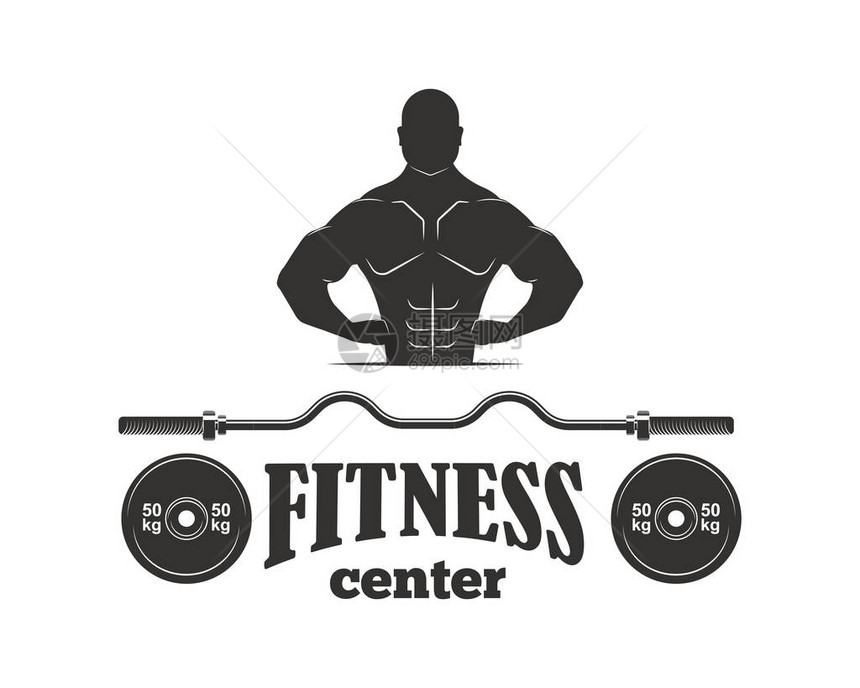 单色健身标志标签徽章标志和设计元素健身房运动俱乐部强大的设备剪影健康美运动员图片