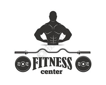 单色健身标志标签徽章标志和设计元素健身房运动俱乐部强大的设备剪影健康美运动员背景图片