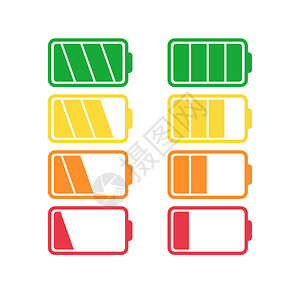 电池图标矢量集隔离在白色背景上电池充电水平满和低的符号电池量平面矢图片