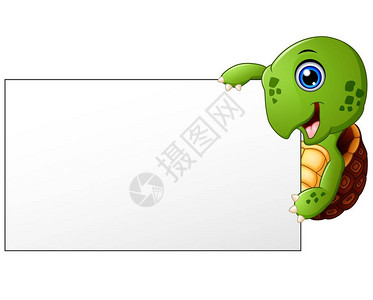 卡通乌龟拿着空白横幅的插图背景图片