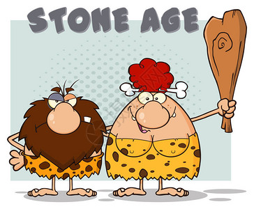 深红色排扣穴居人夫妇卡通吉祥物人与红头发女人控股俱乐部和文本石器时代在白色背景上插画