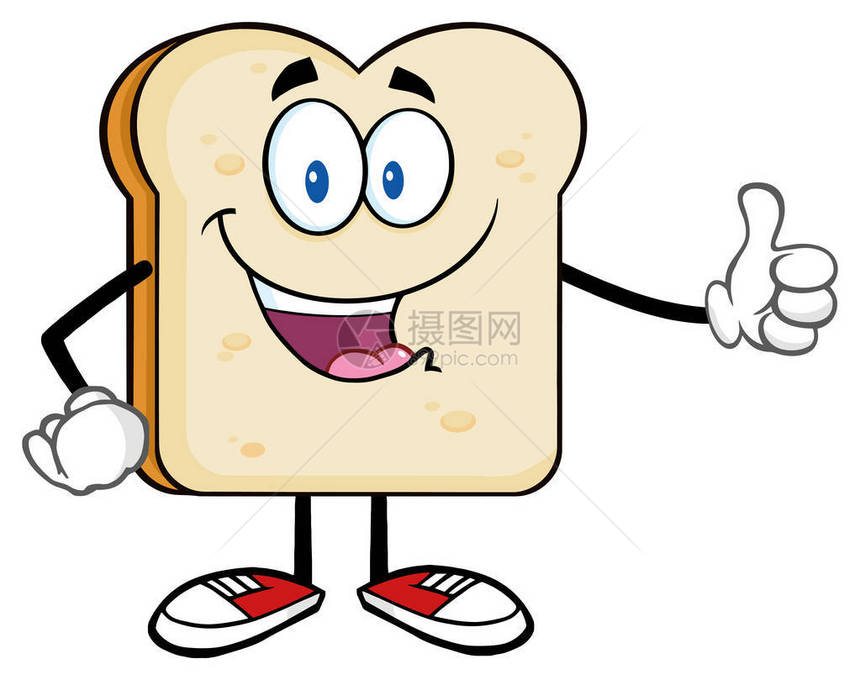 快乐面包切片卡通马斯科特字符显示缩略图在白背景上孤立的矢图片