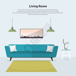 室内设计现代客厅内部配有蓝色沙发桌子灯具和平面设计的地毯极简图片
