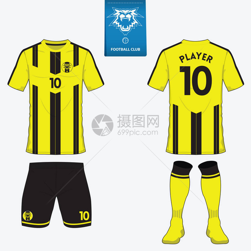 足球俱乐部的足球套件或足球衣模板集蓝色上的扁平足球标志正面和背面视图足球制服足球衬衫图片