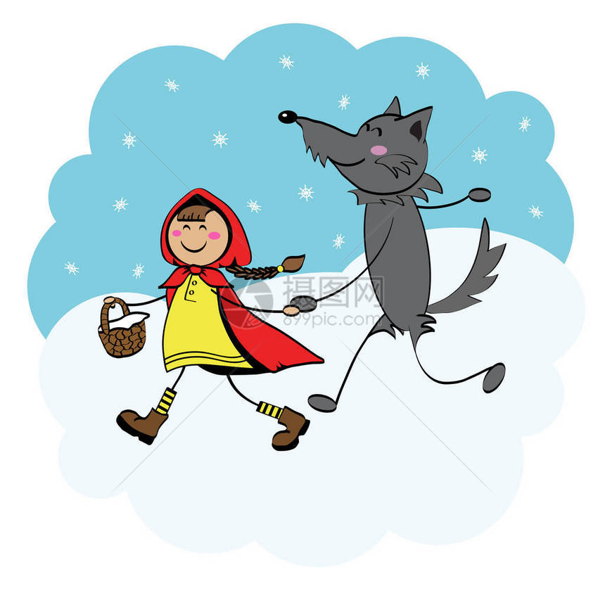 小红帽和灰太狼在一起很开心矢量插图图片