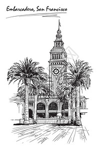 旧金山恩巴卡德罗渡轮大楼和棕榈树小巷的全景图片
