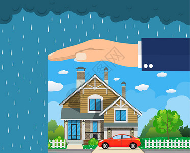 家庭保险概念保护房子免受危险的手保险业务平面设图片