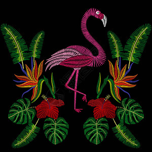 用火烈鸟热带芙蓉花刺绣针迹用于纺织物传统民间装饰的黑色背景上的矢图片