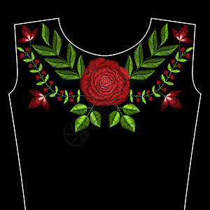 以红玫瑰花为领带的刺绣缝纫背景图片