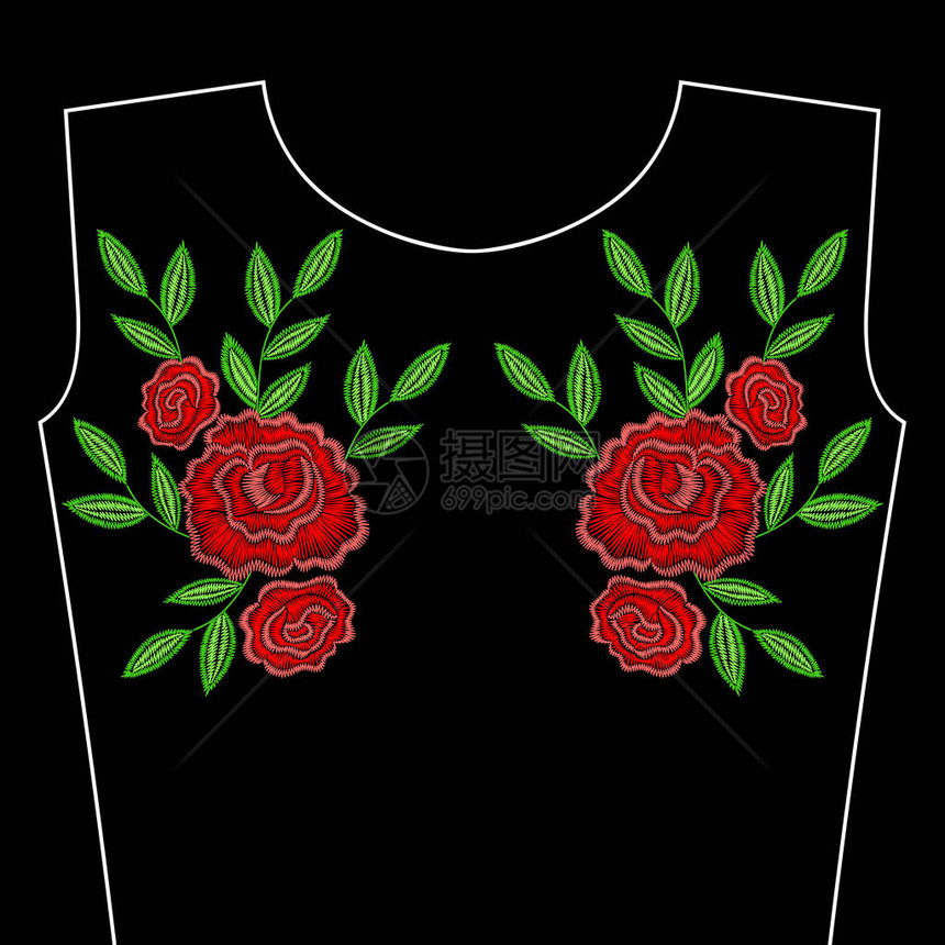 领口绣有红色玫瑰花用于纺织物传统民间装饰的黑色背景上的矢图片