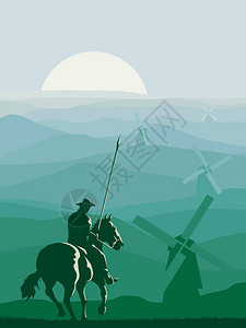 特丹的唐楼骑手唐吉索特的垂直抽象插图在草地风插画