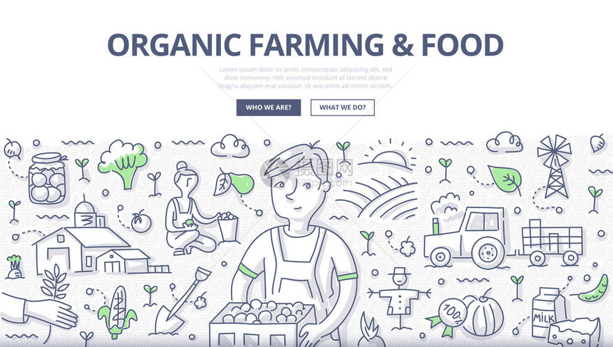 一个农民用有机蔬菜作物的涂鸦矢量图有机农业的概念和为网页横幅英雄形象印刷材料图片