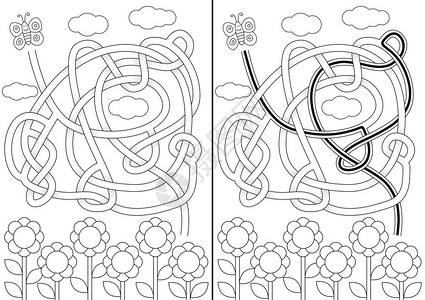 黑白解决方案的儿童蝴蝶迷宫图片