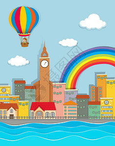 热气球飞过城市插图图片