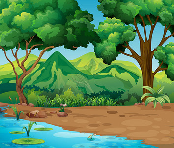 森林插图中树木和河流的场景图片