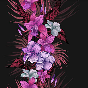 矢量粉红年植物热带无缝边界外来花朵树枝和叶子黑色背景的植物图片