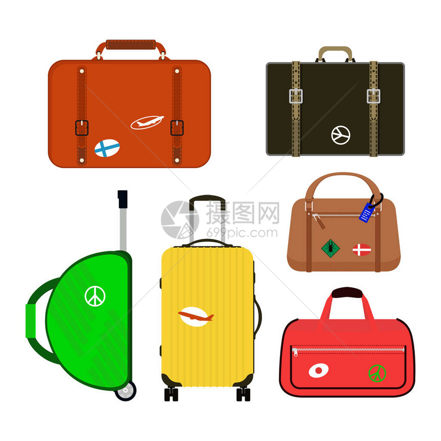 旅行游行李或行李度假手柄皮革大包装公文包和轮子矢量图上的航程目的地箱包旅行手图片