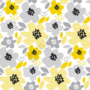 当代春天无缝花纹与黄色抽象花朵现代几何矢量图包装纸织物盒子布背景的背景图片