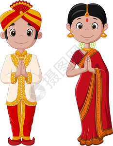 卡通印度夫妇穿传统服装的矢量插图图片