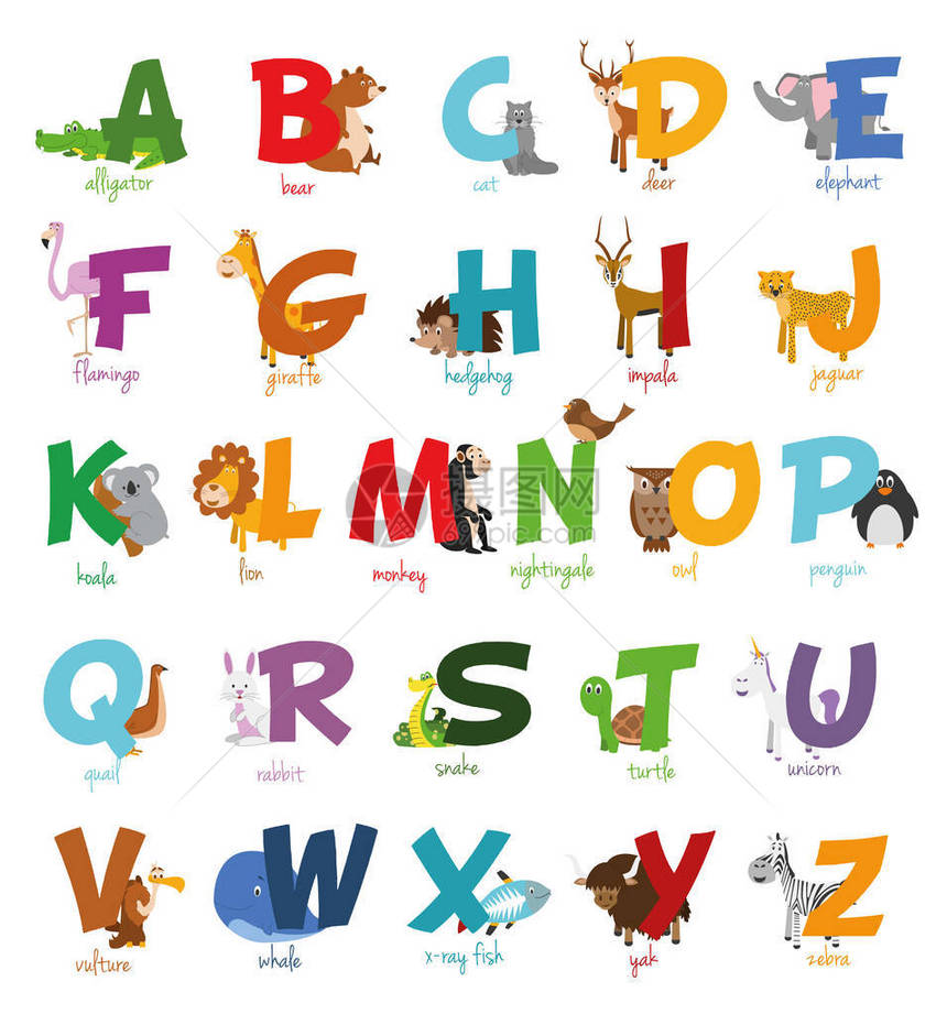 可爱的卡通动物园插图字母与有趣的动物英文字母学着阅读图片
