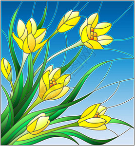 以彩色玻璃风格在天空背景上使用黄色的花束来显示彩色玻图片