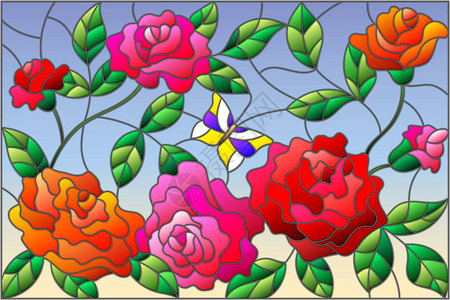 在天空背景上用鲜花和玫瑰叶的彩色玻璃图片