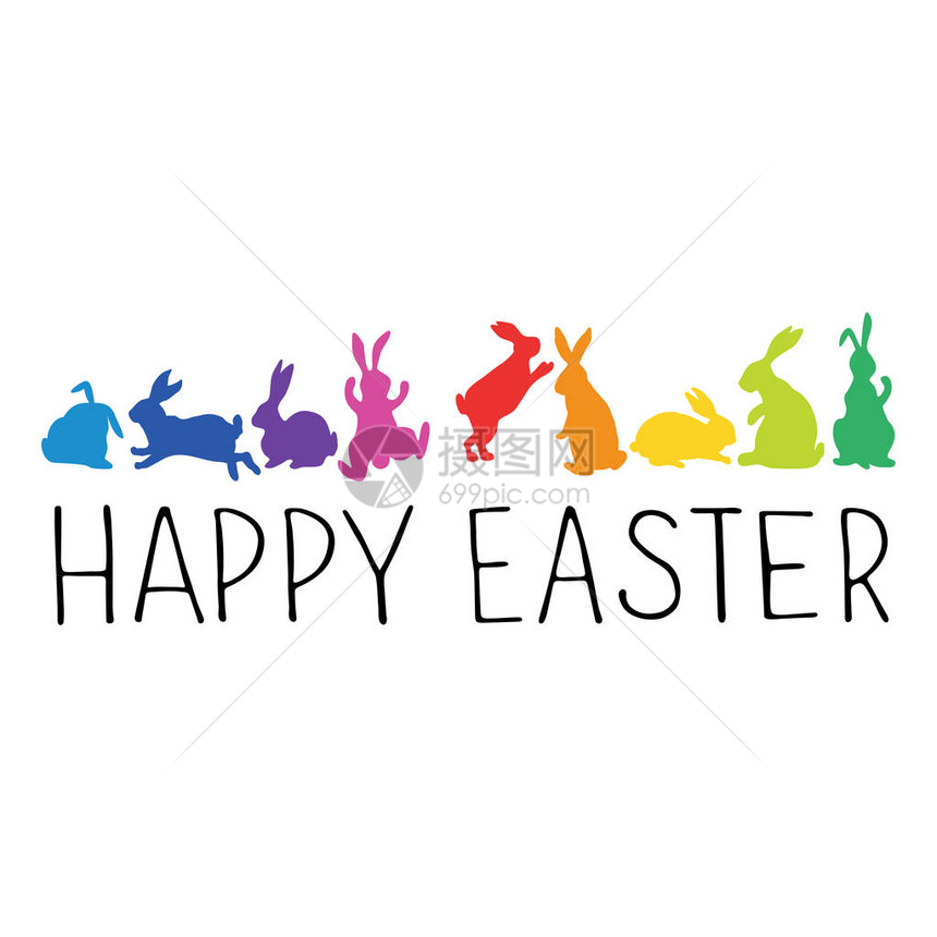 复活节快乐的页眉有彩虹颜色的兔子影图片