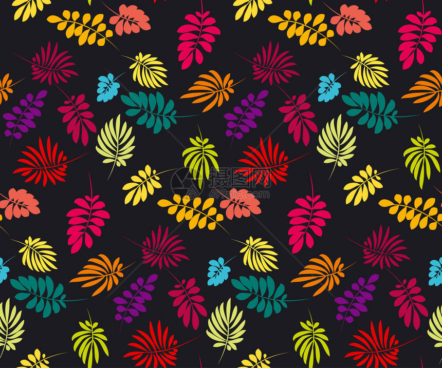 概念热带树叶矢量插图以鲜艳的色彩异国情调的简单有趣的表面设计无缝花纹矢量图彩虹色植图片