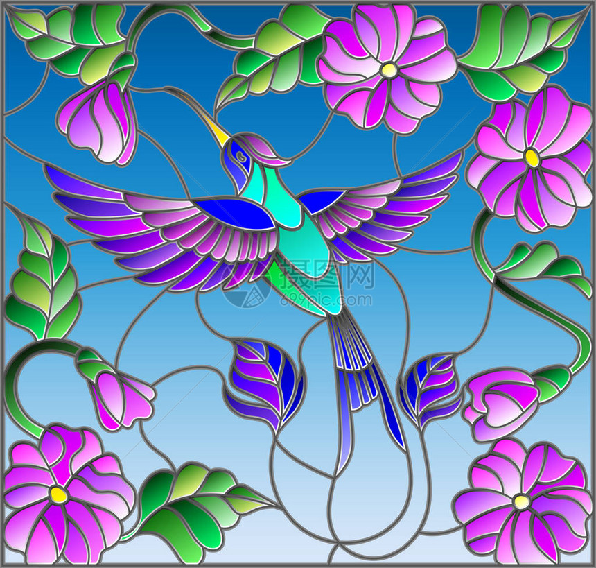 在天空背景绿色和鲜花上与多彩蜂鸟用彩色蜂鸟的彩色图片