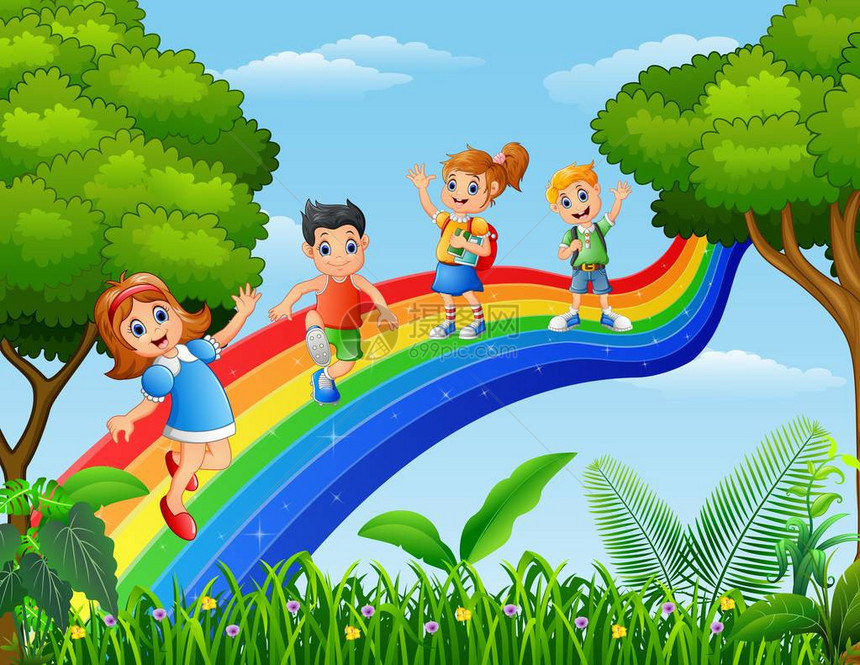 在彩虹上站立的快乐孩子图片