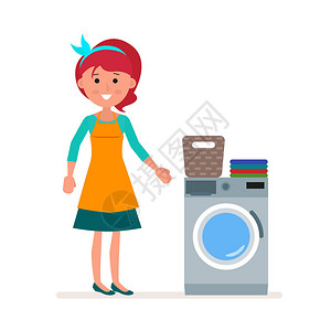 女主妇在洗衣机里洗衣服经典的住宿义务孤立在白色背景上的扁平字符图片