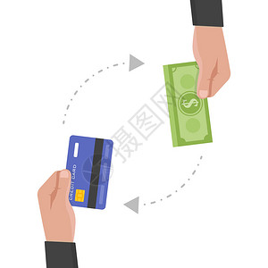 商人手拿着信用卡和货币兑换矢量图图片
