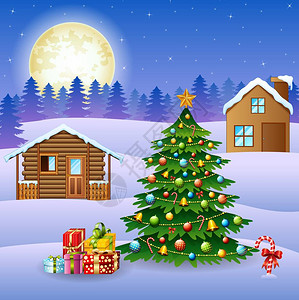 以雪木屋和圣诞树展示冬季风图片