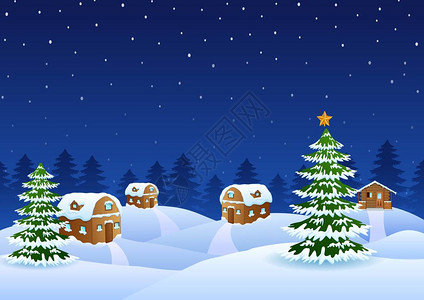 以雪木屋和fir树为圣诞夜图片