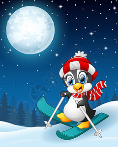 冬季夜幕下滑雪企鹅漫画的矢图片