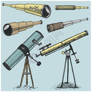 一套天文仪器望远镜目和双筒望远镜象限六分仪刻在复古或木刻风格插画