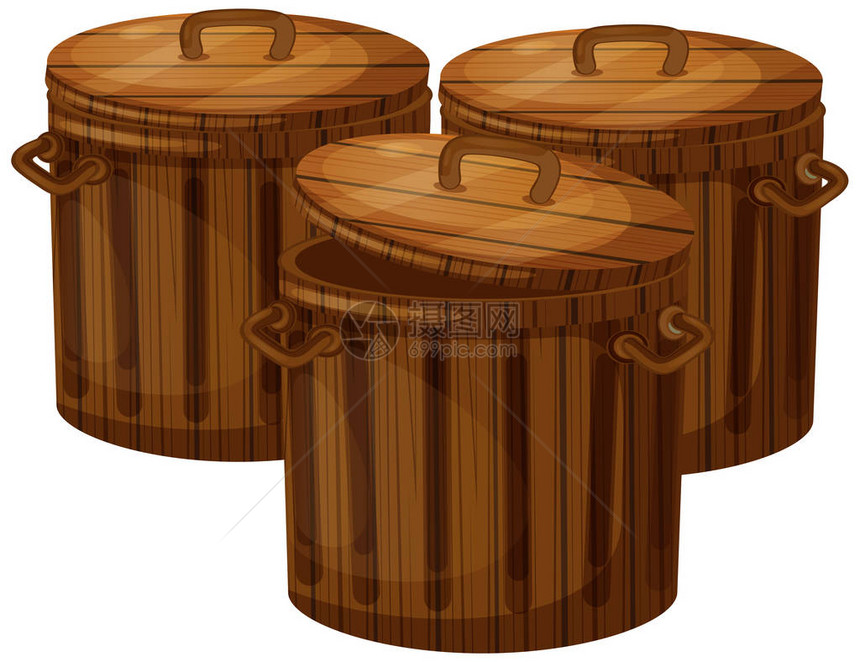 三个带盖的木桶插图图片