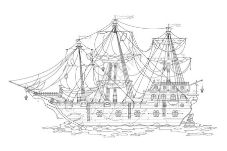 用于彩色书籍的旧海盗船大纲黑背景图片