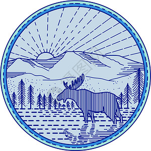 单线样式说明从侧面看的驼鹿在圆圈内背景中以河流平山插画