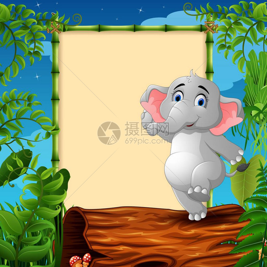 卡通大象的矢量插图站在空架式空标牌附图片