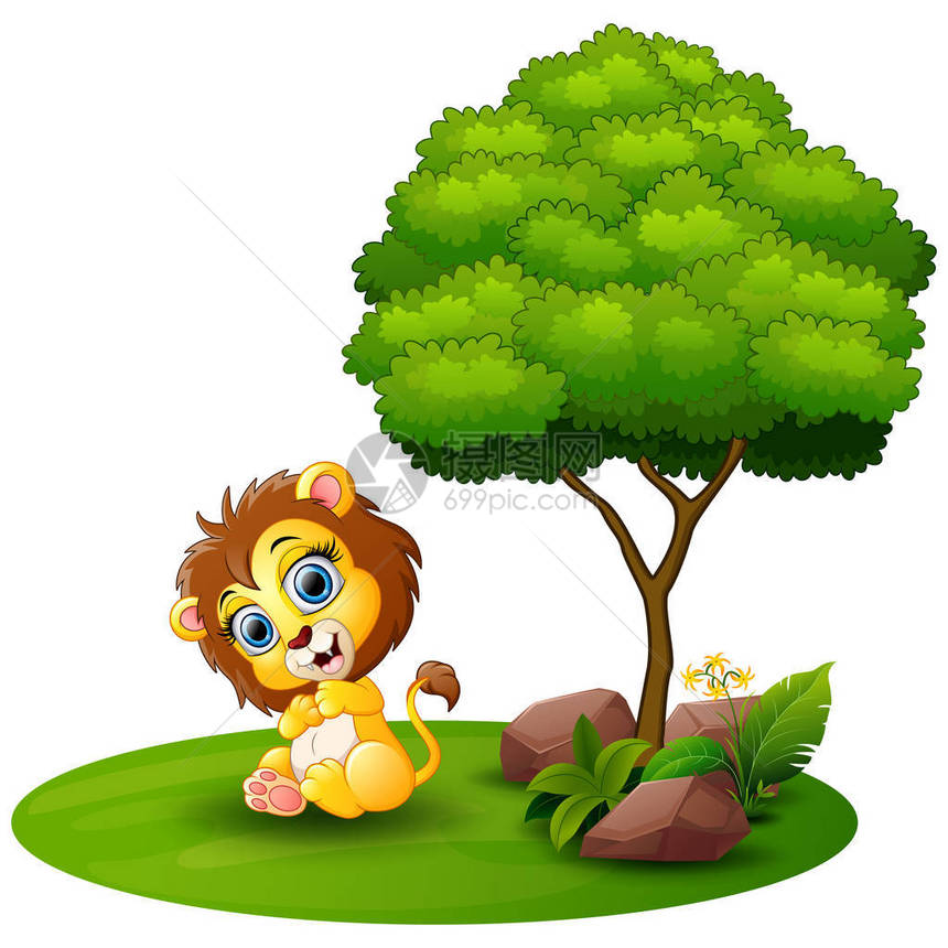 卡通狮子的矢量插图坐在一棵树图片