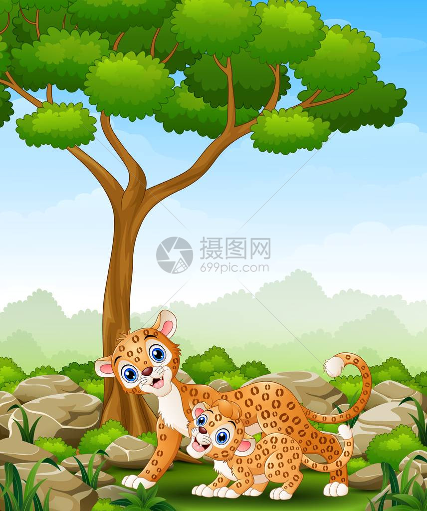 Cartoon母豹和幼熊豹在丛林图片