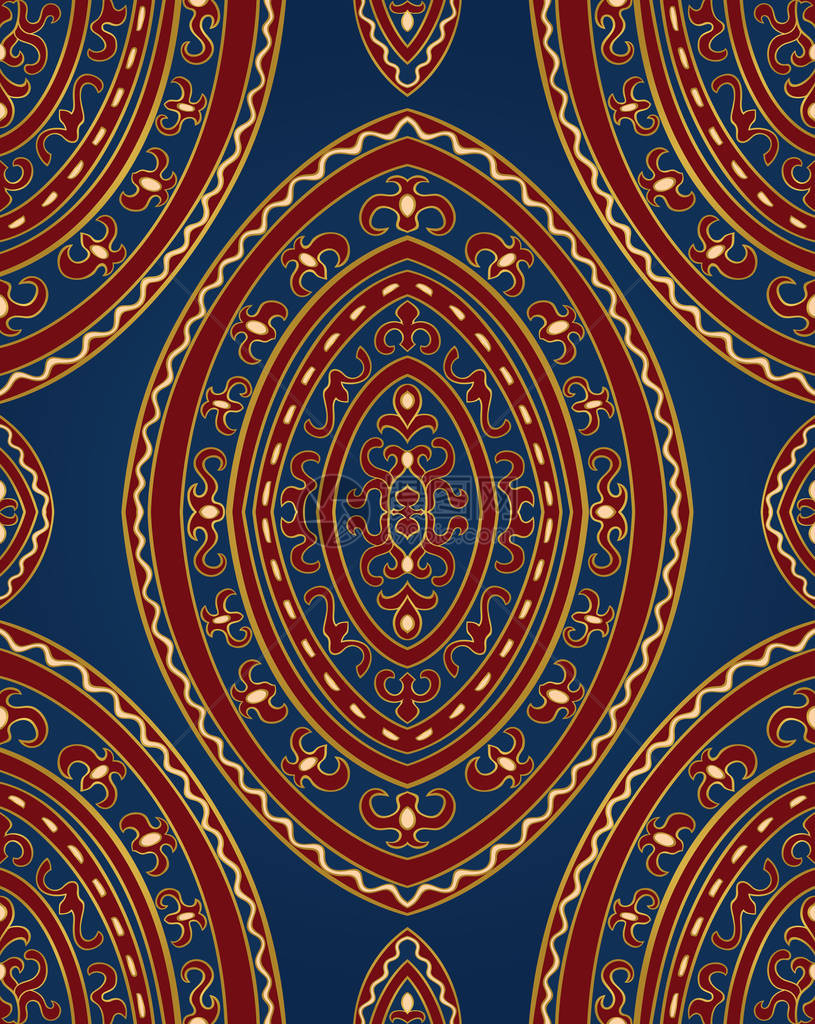 东方蓝色和红色的装饰品地毯纺织品壁纸和任何表面的模板深蓝色背景上的图片