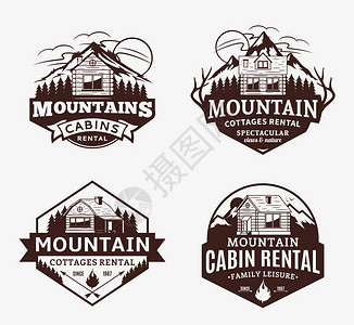 一套矢量山地娱乐和小屋出租标志旅游组织户外探险和露营休闲的山图片