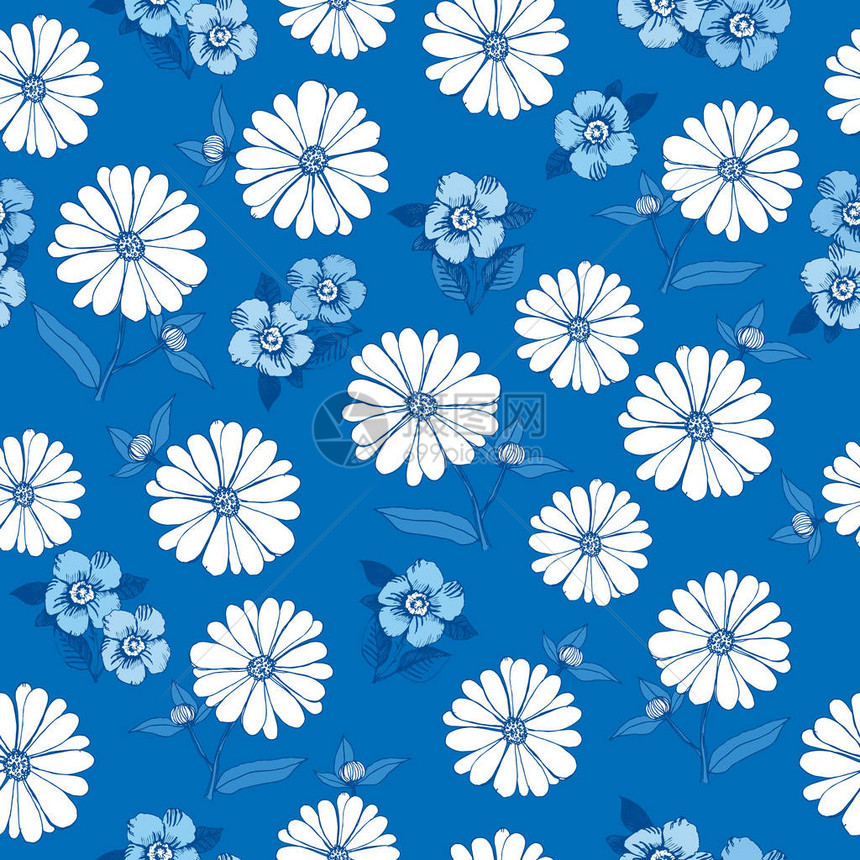 无缝花纹与蓝色背景上的花朵图片