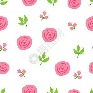 白色背景上粉红色花朵和绿色叶子的无缝花纹背景图片
