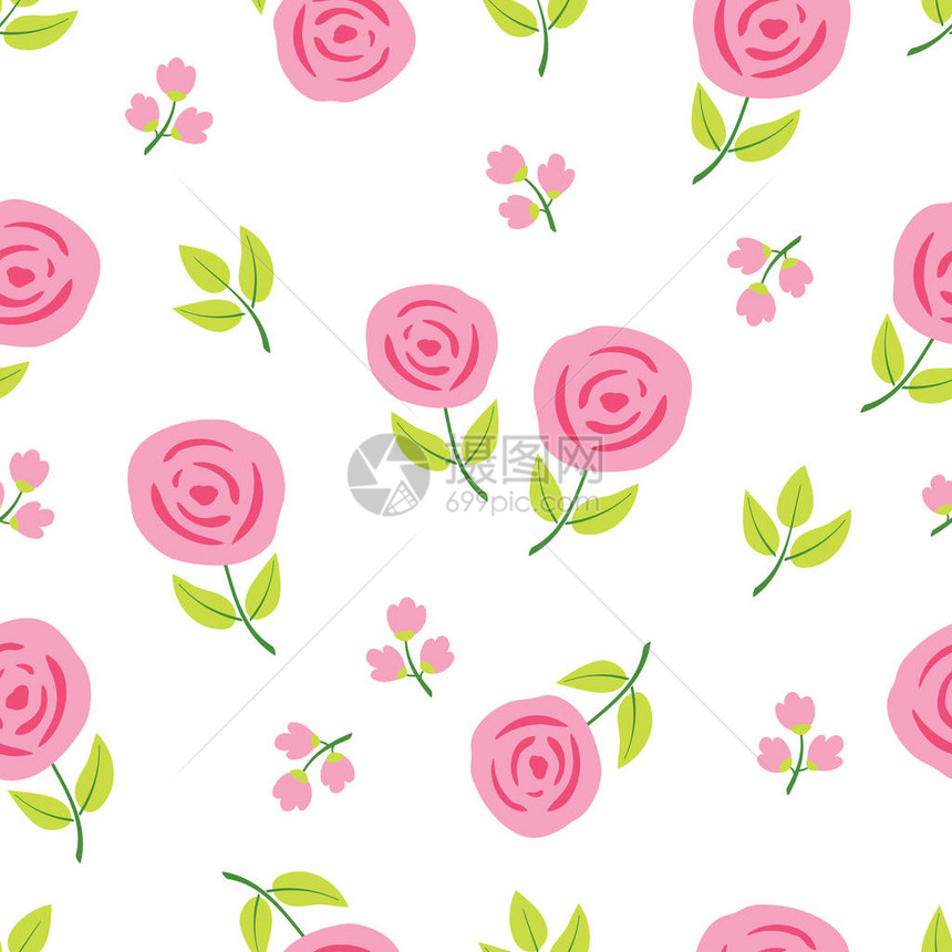 白色背景上粉红色花朵和绿色叶子的无缝花纹图片