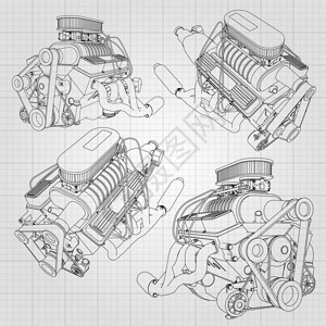 发动机在笼子里的白板上用黑色线绘制图片