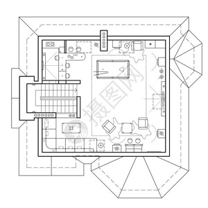 房子的黑白建筑计划公寓的布局与图纸视图中的家具有和浴室图片